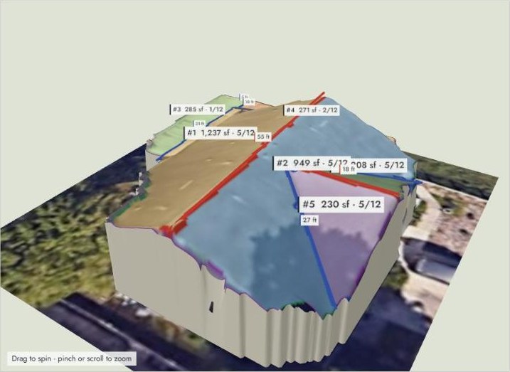 3D roof model with numbered roof faces, square footage, pitch and colored ridge and valley lines