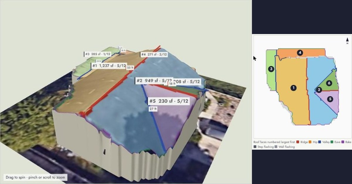 A real roof rebuilt in 3D from satellite height data, with each roof face numbered and measured, next to the roof diagram from the measurement report