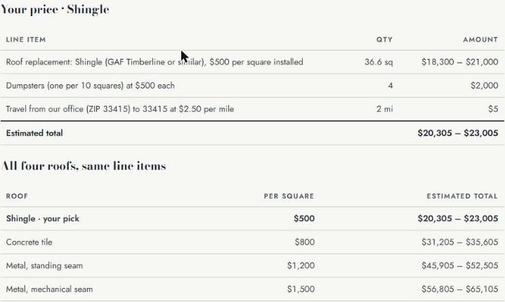 Roof price with line items for roof replacement, dumpsters and travel, and the same line items for four roof types