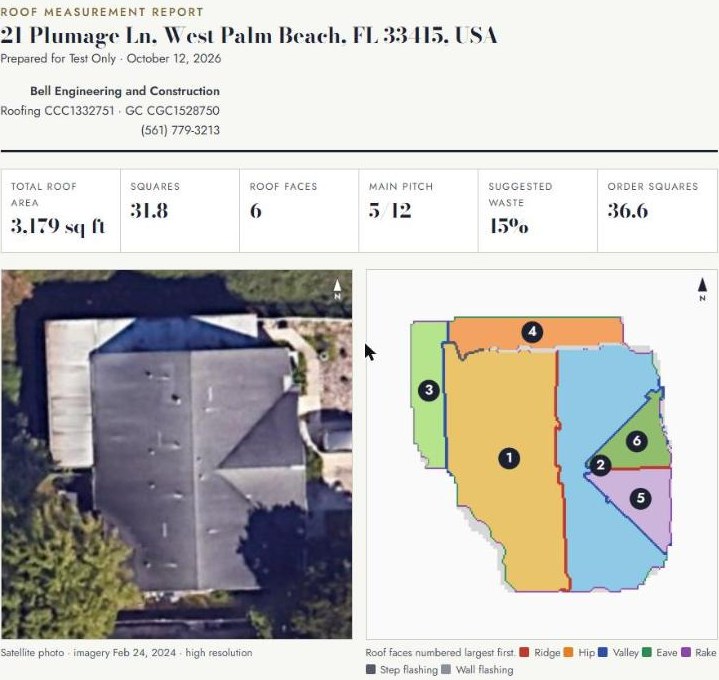 Roof measurement report showing total roof area, squares, pitch, suggested waste and a numbered roof diagram