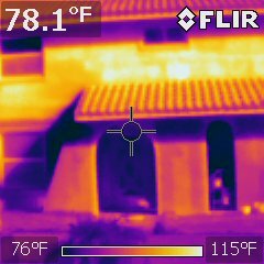 FLIR infrared capture of a tile roofline and arched openings reading 78.1 degrees Fahrenheit on a 76 to 115 degree scale