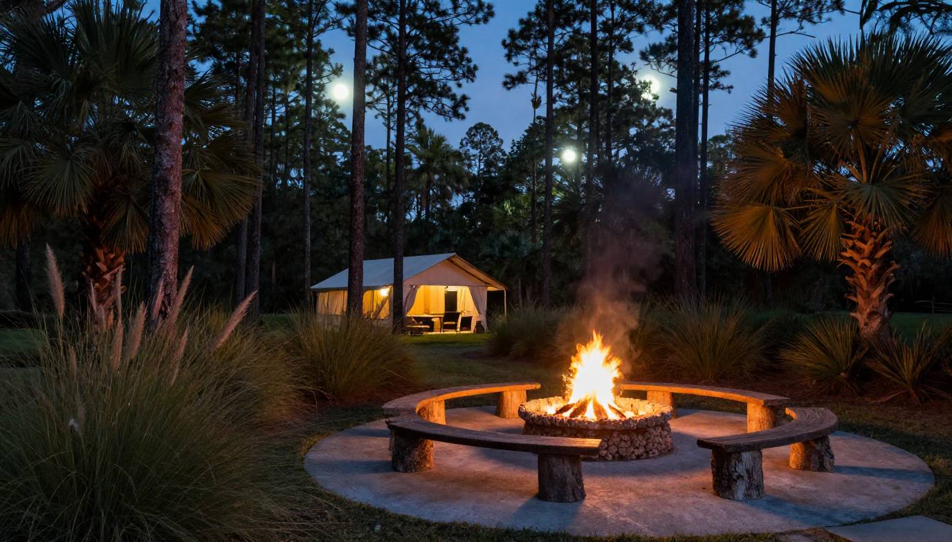 Rendering: the bonfire circle under the slash pines with the dining tent behind