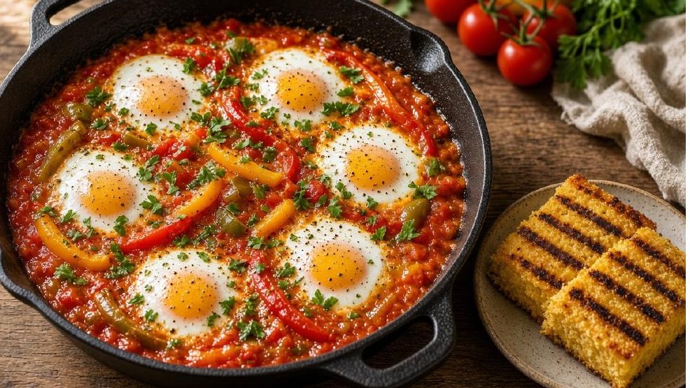 Bell Farm Tomato Shakshuka — six eggs poached in a cast-iron pan of crushed winter tomatoes and sliced bell peppers, topped with parsley, served with griddled cornbread