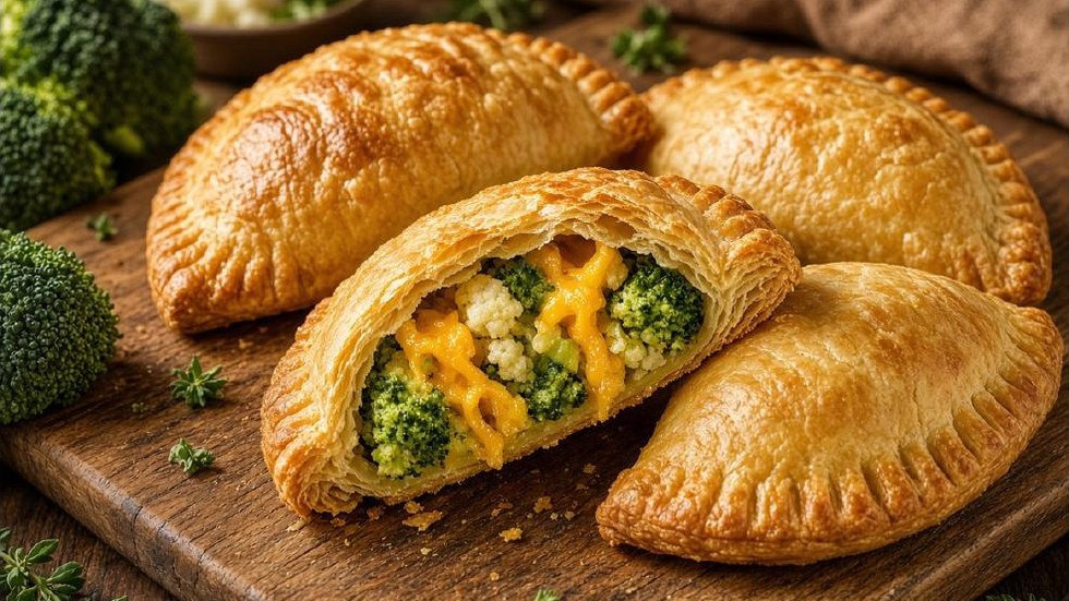 Broccoli & Cheddar Hand Pie — four golden fork-crimped pastries on a dark wooden board, one broken open to show a dense filling of finely chopped green broccoli and white cauliflower bound in melted sharp cheddar, with a head of raw broccoli and sprigs of thyme on the board around them