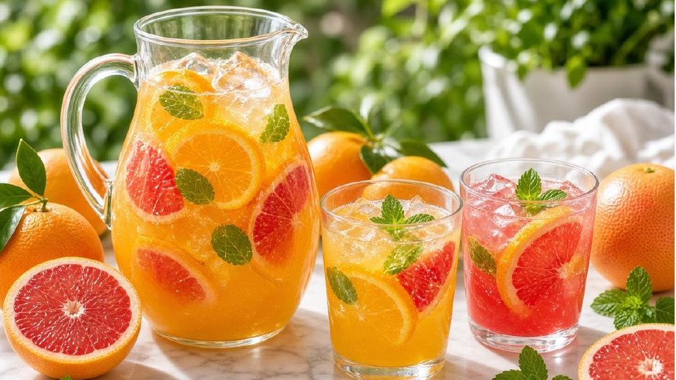Fresh Citrus Agua Fresca — a glass pitcher of cloudy orange citrus agua fresca with ice, orange wheels, grapefruit segments and mint leaves suspended in it, beside two poured glasses and whole Florida oranges and grapefruit on marble