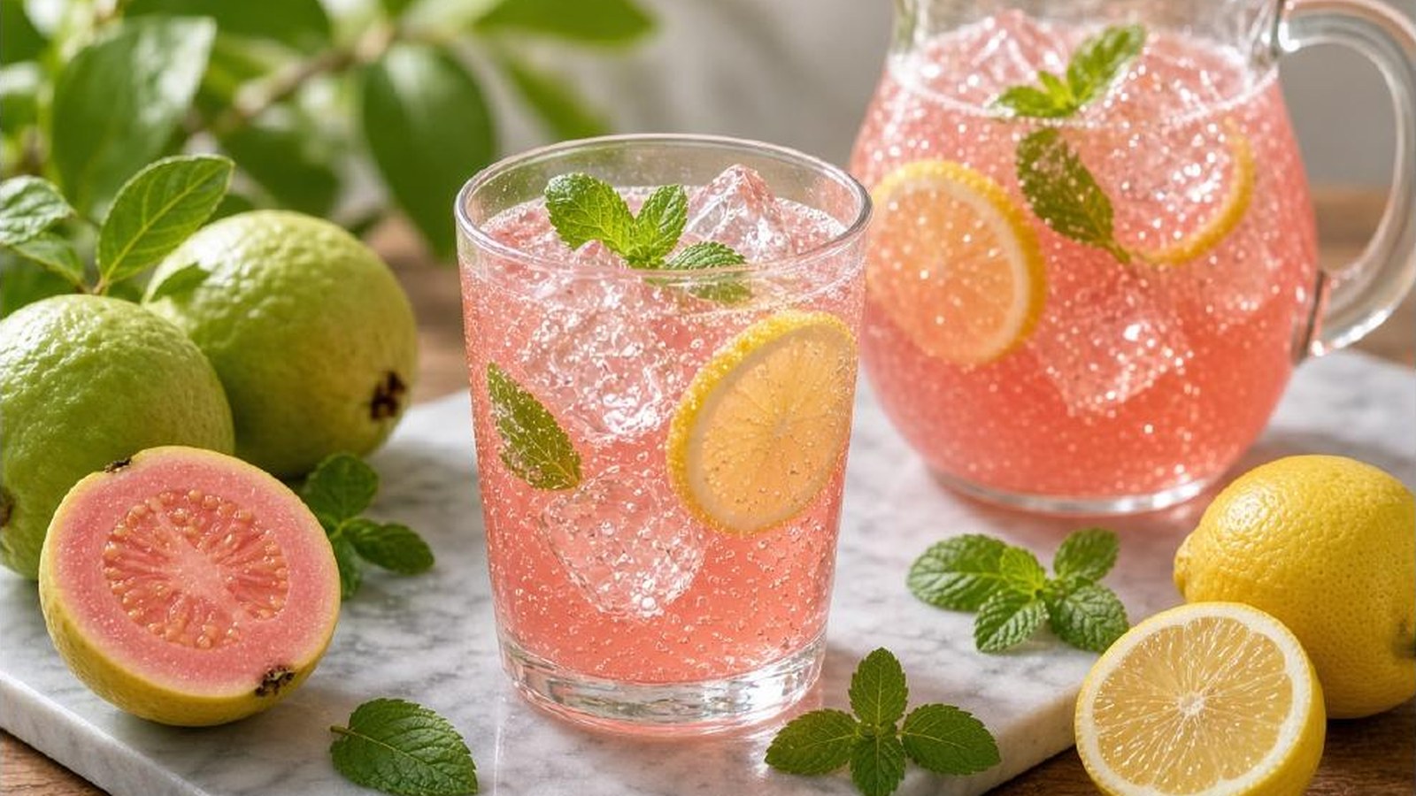 Guava Lemonade — pink guava lemonade over ice in a glass and pitcher, garnished with mint and lemon slices, with fresh guava and lemon halves alongside