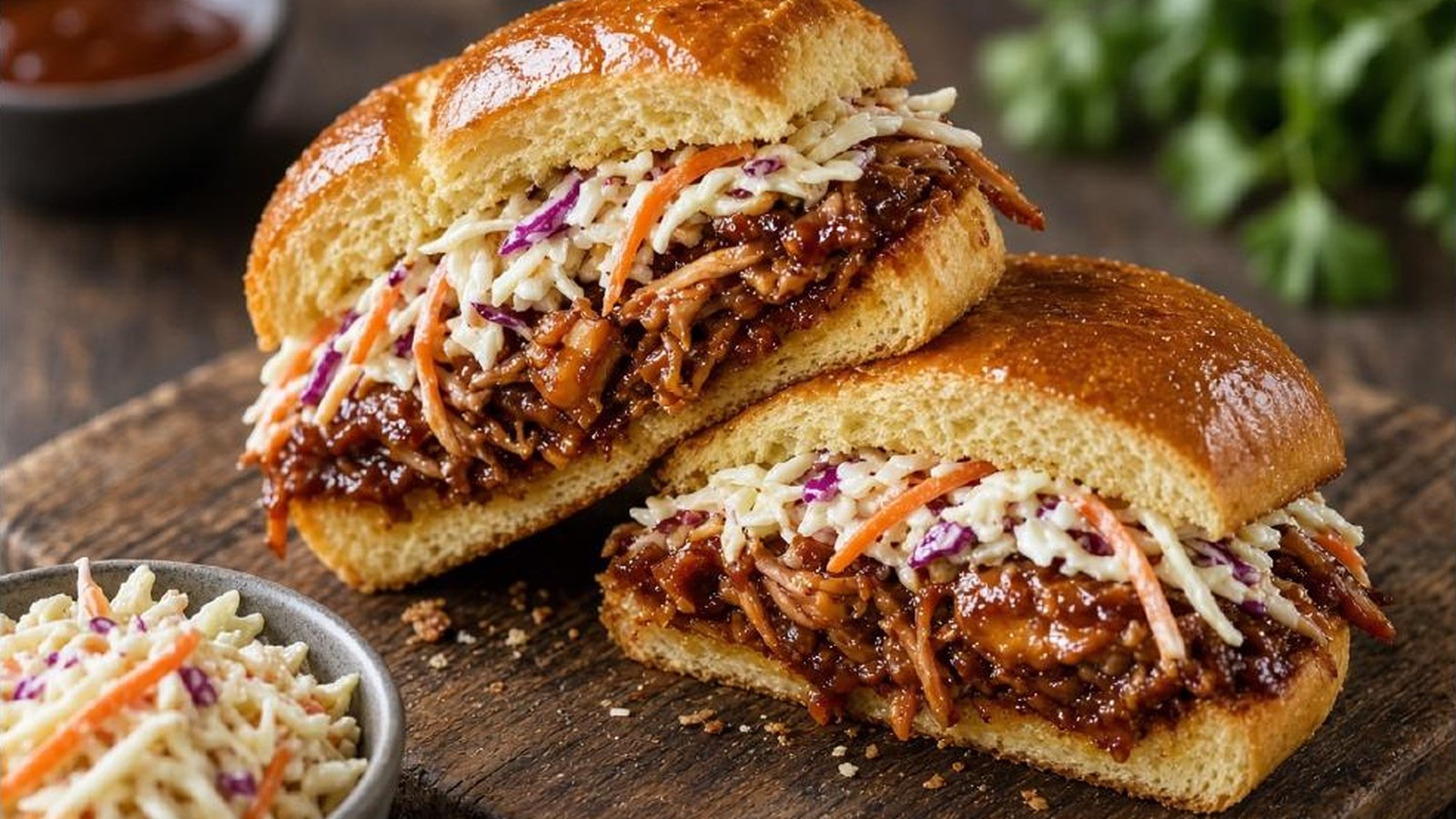 Jackfruit BBQ Sandwich — pulled jackfruit in BBQ sauce piled on a toasted brioche bun with mayo-vinegar coleslaw, cut in half on a wooden board
