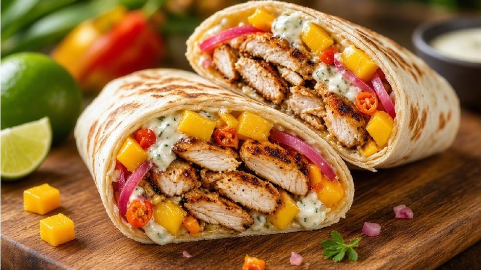 Mango Habanero Chicken Wrap — two halves of a griddled flour tortilla wrap standing cut-side up on a wooden board, packed with sliced grilled chicken thigh, cubes of golden mango, ribbons of pink pickled red onion, red chilli and pale green herb-flecked lime crema, with a lime wedge and whole mango behind