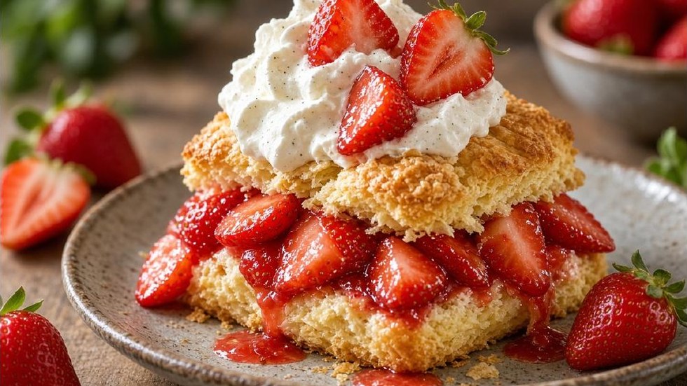 Strawberry Shortcake — a split golden drop biscuit on a stoneware plate, loaded with sliced macerated Florida strawberries and their red juice, topped with a second biscuit half, a mound of vanilla-flecked whipped cream and more sliced berries, with whole strawberries scattered on the wooden table around it