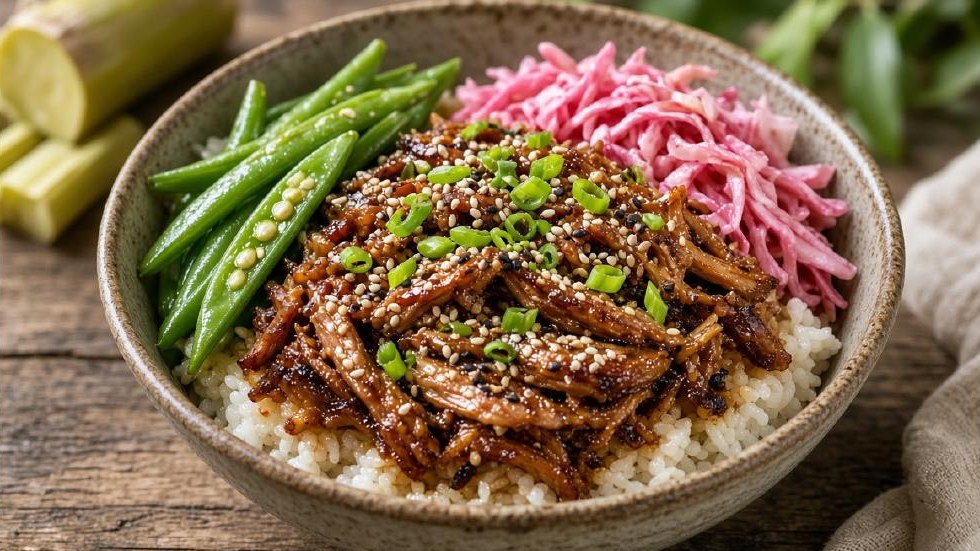Sugarcane Glazed Pork Bowl — shredded cane-syrup glazed pork over white rice in a stoneware bowl with blanched snap beans and pink pickled cabbage, topped with sesame seeds and sliced scallion, cut sugarcane on the table behind it