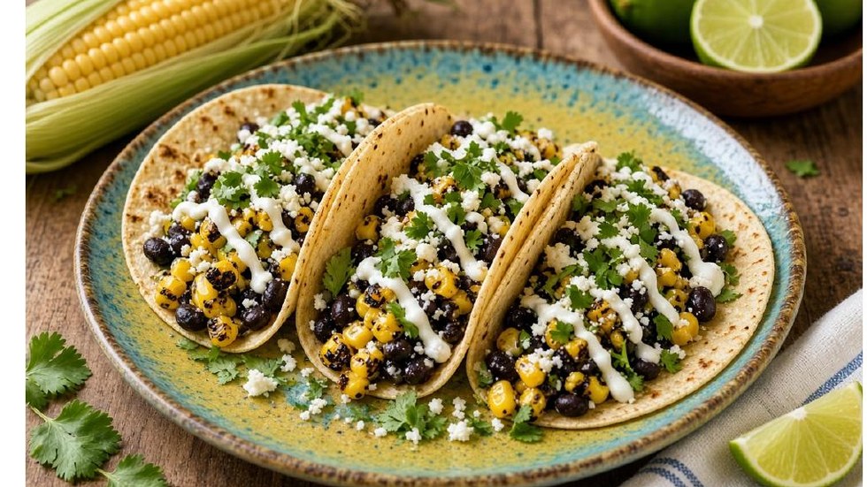 Sweet Corn & Black Bean Tacos — three corn tortilla tacos lined up on a blue-glazed ceramic plate, filled with charred golden sweet corn and black beans, topped with crumbled cotija, fresh cilantro and stripes of white lime crema, with a whole ear of corn and a bowl of halved limes in the background