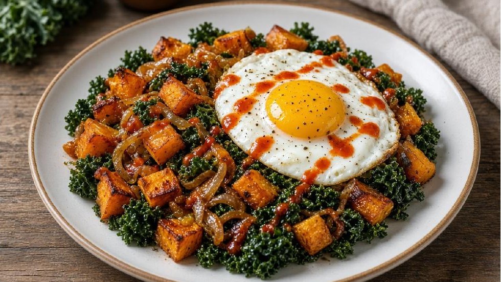 Winter Squash & Kale Plate — cubes of roasted butternut squash and caramelized onion over a ring of dark wilted curly kale on a stoneware plate, topped with a fried egg with a runny yolk and streaks of red hot sauce