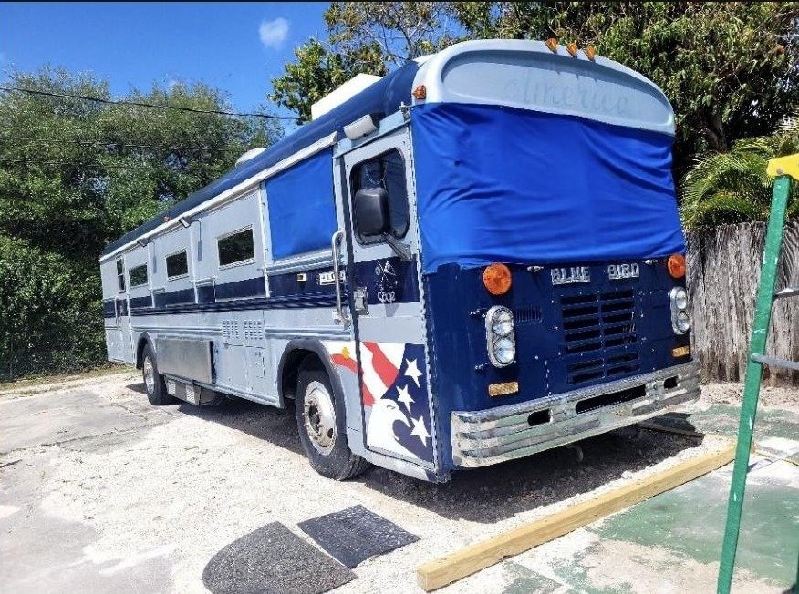 AMERICA, the hand-converted 1979 Blue Bird food bus