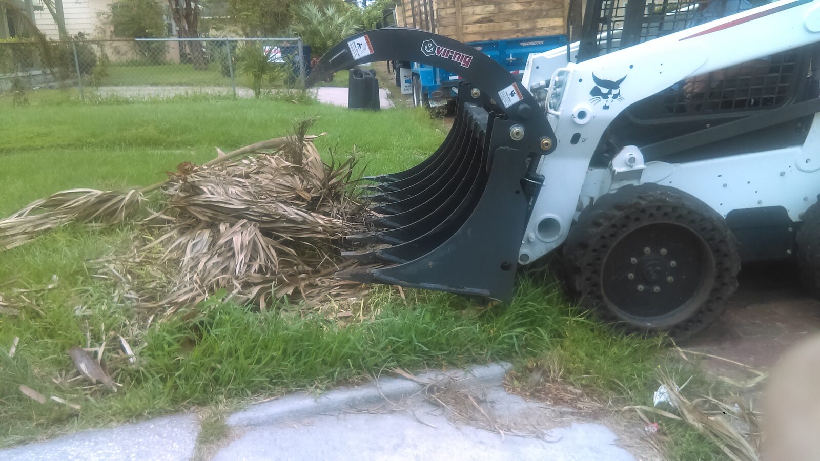 Bobcat skid steer with a Virnig root grapple gathering downed palm fronds in a Tampa front yard after Hurricane Irma
